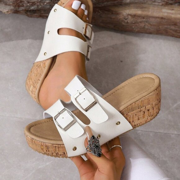White Women's Casual Double Buckle Platform Wedge Sandals - Picture 4 of 5